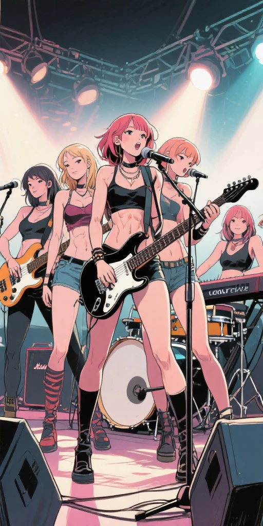 (masterpiece:1.2, best quality), (highly detailed:1.3),  3girls, 14yo, teen, rock band, (bikini), play electric guitars, in bedroom, sing, eyes closed, morning light