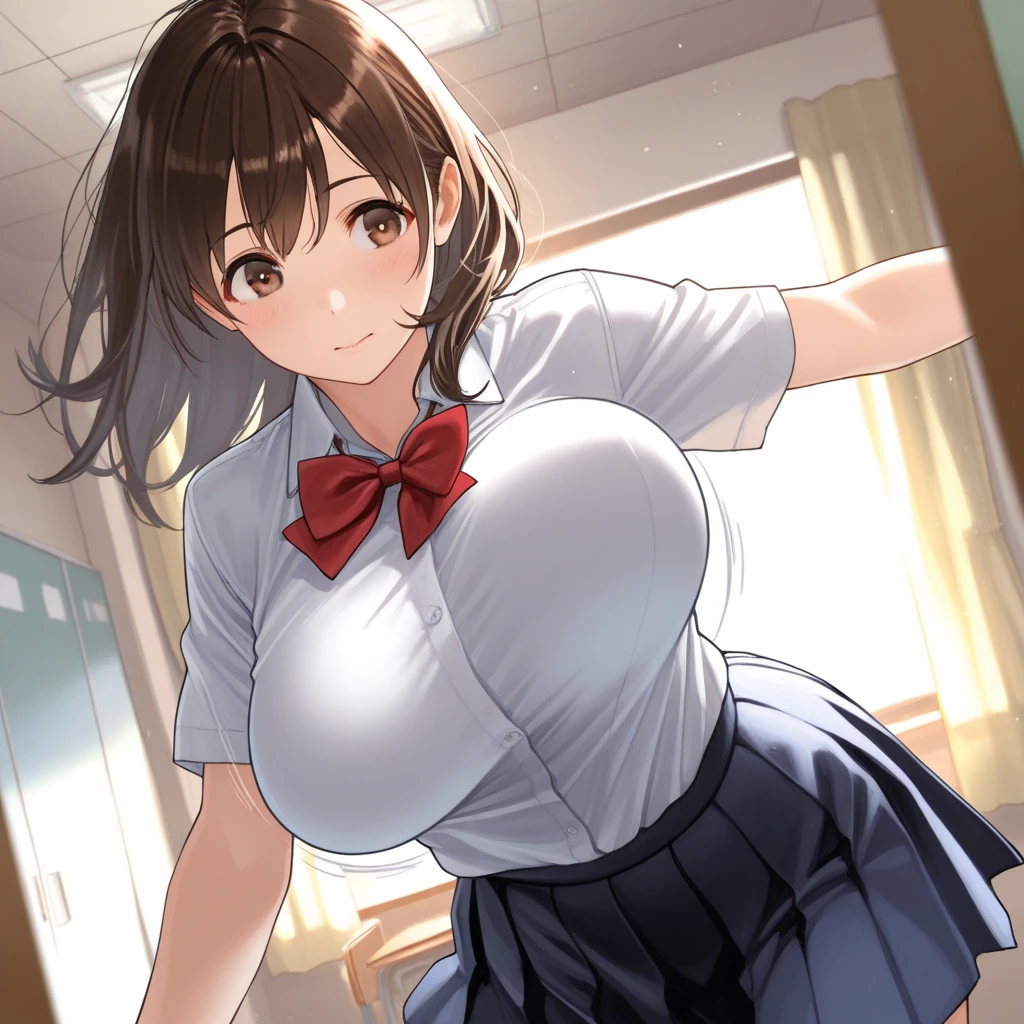 closeup upperbody,breasts focus,large breasts,(bascule breasts:1.5),(Chewy breasts,tender breasts:1.3),(Floating up breasts:1.1),(indoor:1.3),Twin side up,Brown Hair,neck ribbon,Dense hair,(Plump figure:0.5),looking viewers,A big smile,tight School swimsuit