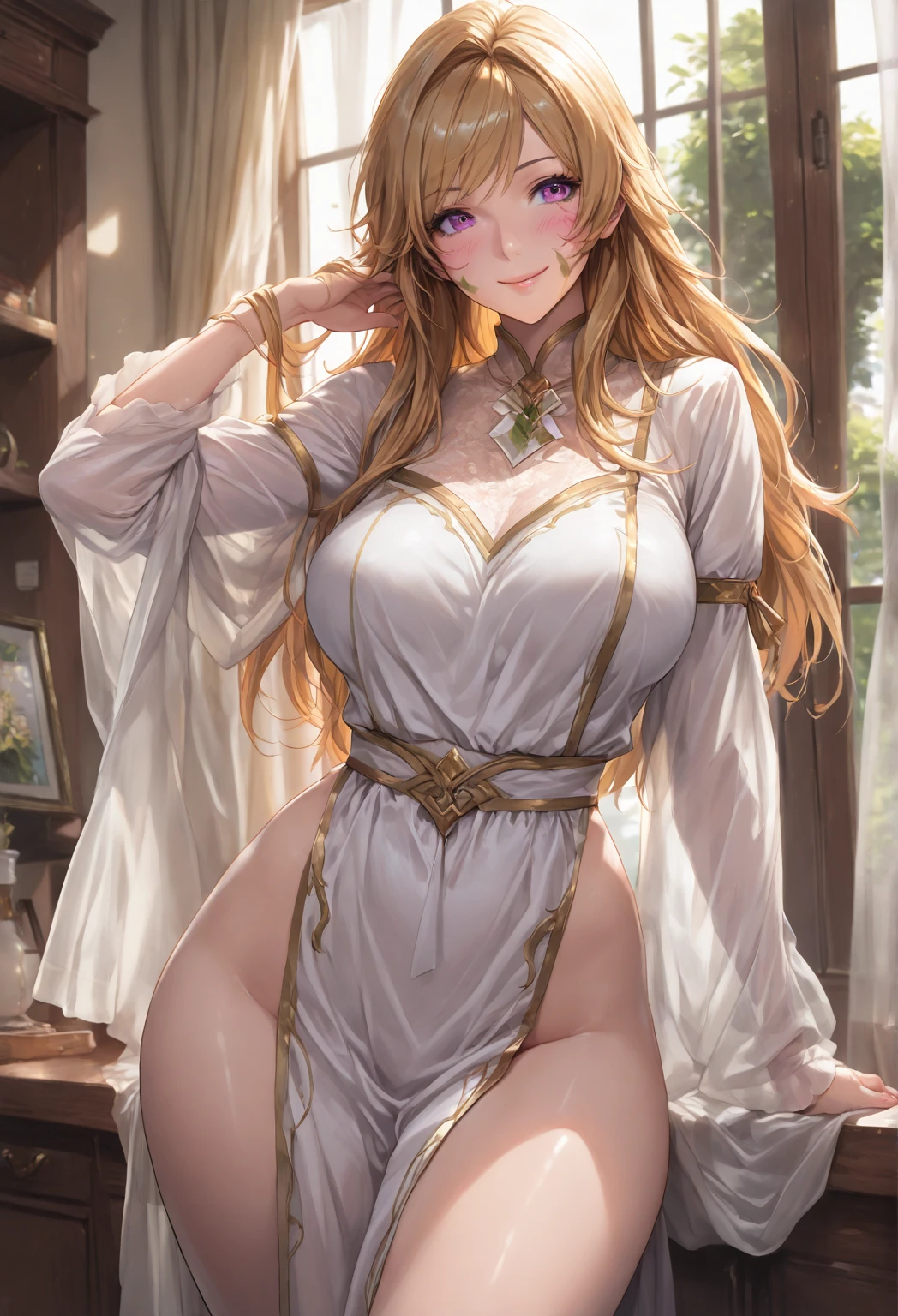 Highest quality, 32k, RAW Photos, Unbelievably absurd, Very detailed, Delicate texture, beautiful, Slim and sharp face, Hit the knee, Wearing a translucent rainbow robe, Obscene language, Side braided hair, Metallic red eyes, Best body shape, Big Breasts , Butt,Rose Garden, Falling petals and gold dust:1.3)
