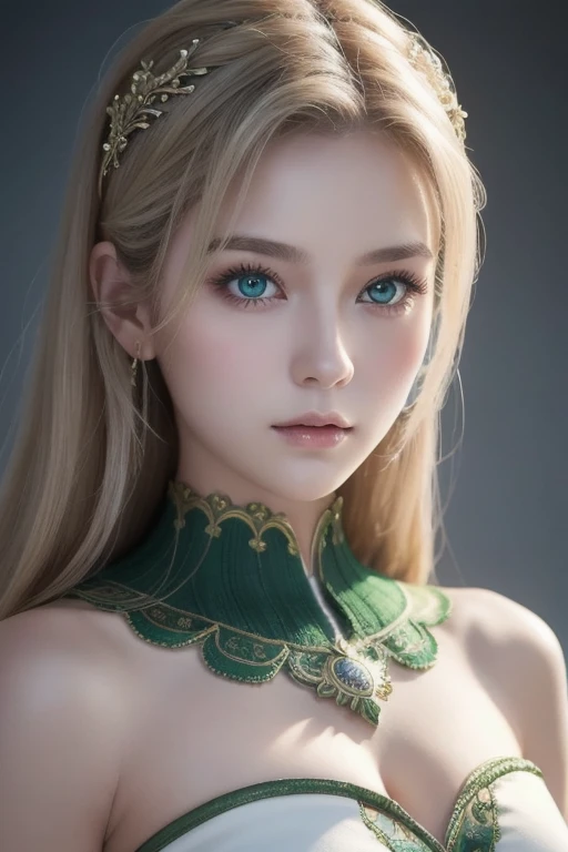 Portrait of a beautiful empress, Blonde Hair, Perfect Blue Eyes, wonderful, An incredibly impressive large Christmas headpiece, Clothing Santa Robe, All about Christmas, snow, Symmetric, Dramatic studio lighting, Rococo, Baroque, green, Asian, Hyperrealism, close, d&d, Fantasy, Complex, elegant, Very detailed, Digital Painting, Art Station, Octane Rendering, 8k, Concept Art, mat, Sharp focus、、(((Voluminous breasts 1.9)))、(cleavage, sagging breasts 1.4)、(micro bikini 1.4)、Seductive pose、nsfw, (breast squeeze:1.3)