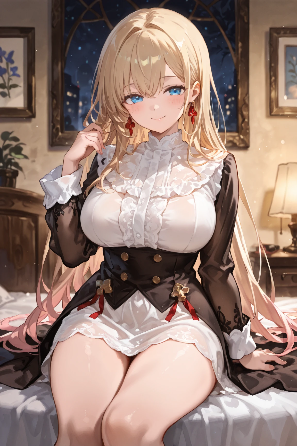 (masutepiece: 1.3), (max resolution: 1.2), (Ultra HDTV: 1.2), cinematric light, 8K resolution, Detailed eyes and skin, detailed facial features, , (Sharp Focus: 1.2), (Focus on Face:1.2),Perfect Style, Beautiful face, acurate, Anatomically correct, Highly detailed face and skin texture, Detailed eyes, Double eyelids, Thin eyebrows, Glitter Eyeliner: 1 Natural cheeks, Glossy skin, Fair skin: 1.2, (Glossy lips: 1.4),、 (Shy look: 1.2),Highly detailed facial and skin texture, Detailed eyes, Double eyelids, Natural cheeks, , shiny lips: 1.4,Exposed cleavage、(A large amount of sperm in the chest:1.4)(Large amount of sperm in the thighs:1.2)、 Full body like、dismay、red blush、(embarrassed from:2.0)、glares、 shiny little necklace and earrings, shiny lips: 1.4, humiliated、impatience、dismay、(Frightened:1.8)、glares、Soft breasts、cleavage of the breast、Sperm taken、hiding chest with hands、hide crotch with hands、lift up one's skirt、red blush、embarrassed from、I see underwear、Open knees、open one's legs、Masturbation behavior、Disheveled clothes、Dressing、White blouses、Stockings、Wearing sweat、Neat and clean woman,22 years old, 1 persons、(Dark blue suit: 1.8),(tight skirts:1.8)、Masturbation behavior、sexual excitement、pony-tail hair, bangs flowing diagonally,、a blond、White-silver hair、Brown hair、Blue-gray eyes、 natta、a bed、hotels room、