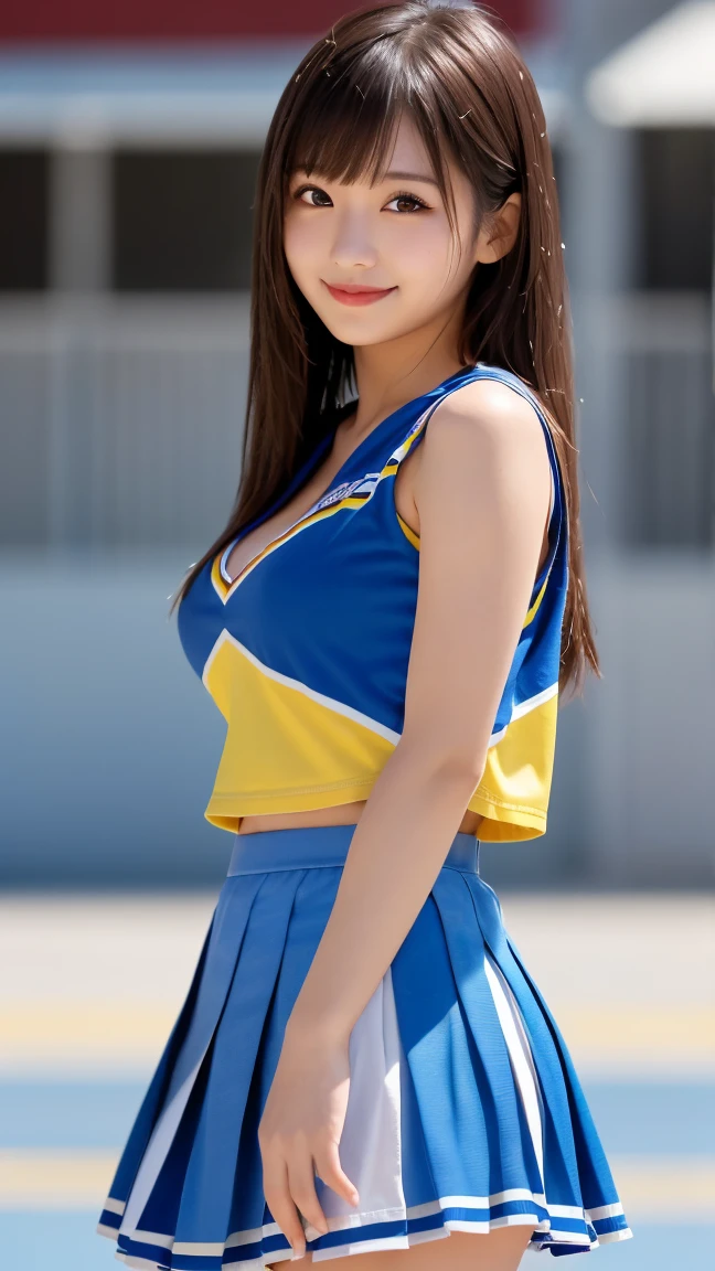 (Best Quality, master piece, Ultra high resolution, (Photorealsitic:1.4), Raw photo, extremely detailed), cowboy shot, dynamic pose, (1girl, 16-years-old, Japanese idol and the most popular cheerleader, dancing at school festival's stage, upturned ass), (wearing yellow Cheerleader's sleeveless shirt and yellow pleated mini skirt), Holding pom-poms in her both hands, (((extremely cute face like a Japanese famous idol, surprisingly beautiful big black eyes, amazingly cute smile))), short-cut-black-haired, detailed face, detailed eyes, detailed hair, detailed body, detailed hands, detailed arms, detailed thighs