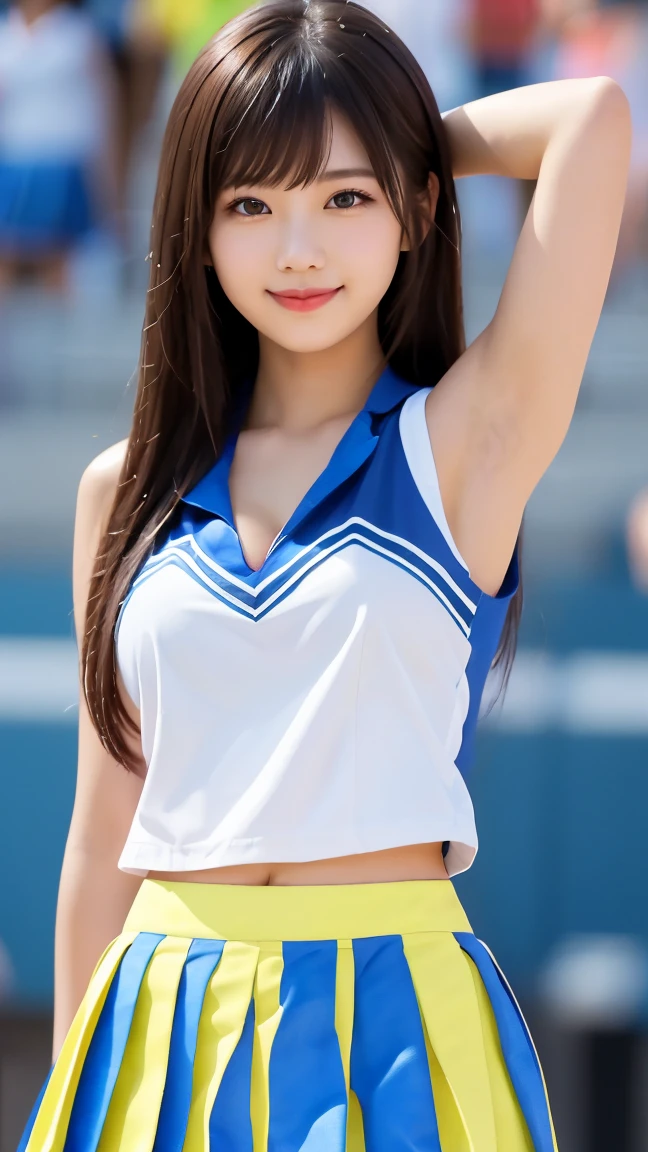 (((32k,very high resolution, high detail, very accurate,傑作girl1))),Raw photo & realistic atmosphere,beautiful dark blue eyes,detailed mouth,glossy lips,fine eyebrows,Soft white skin that shines in every detail,,detailed eyes、Very beautiful eyes with deep blue eyes,lip details、very beautiful face,very well-shaped face、lifelike face,glossy beautiful lips,beautiful eyebrows,infinite reality,best design,(Super cute 17 year old Japanese girl,healthy style,beautiful breasts and big breasts,とても可愛い美girlです,girl:1.1),ベストnatural makeupアップ,japanese id,korean idol,Japan Cheergirl,korean cheerleader,Moist eyes,dark beautiful eyes,beautiful butt,beautiful feet,,camel's foot,,thin fingers,細部までこだわったbeautiful feet:1.3),超A high resolution、,natural and realistic face,Backlight,Her pure eyes are too cute,(((photorealism))),reality live action,(simple earrings,shiny nail art:1.1),(Light blue chignon hair,Short bun hair,solo,natural makeup:1.3),(Beautiful healthy girl,packed match venue:1.3),(Move your limbs and cheer pose,Full body costume display,Take a full body photo,I'm cheering you on,Colorful and sexy blue cheerleader, High-definition design based on yellow and white,clothing,Exposed and sexy cheerleader outfit,Healthy Cheerleader,High definition high resolution 17 year old healthy sexy girl、extremely beautiul and cute:1.5)