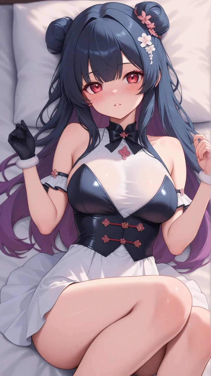 High quality, masterpiece, ultra-detailed, 1girl, thighband pantyhouse, bunny maid outfit, naked breasts, peaceful expression, long black hair, enchanting pink eyes, bunny ears, ridiculously large breasts, grabbing own breast, shiny skin, bedroom