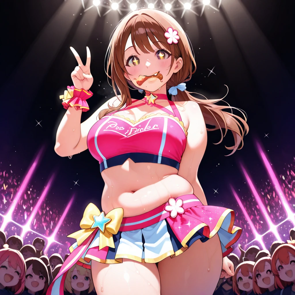 (Perfect body),highest quality,16k,(Browsing Caution)、Anime Screen Capture、((blush)),(short hair), (((Brown eyes.Forehead))),Thick and tight,((Brown Hair、Split bangs)),Sweat,(((Hands behind head、Both armpits))),(((Jumping))),Valletta,(((White leotard))),(((Pink ruffled mini skirt))),(((Light blue striped panties))),(White knee socks),(White gloves),((Panty shot)),The wind blows up my skirt、Big Ass,Huge breasts、blush、Looking at the audience,((:d)),(((Put the headset on your head))),(surprise),On stage、((Idol)),((1 girl)),((Pink bow tie)))