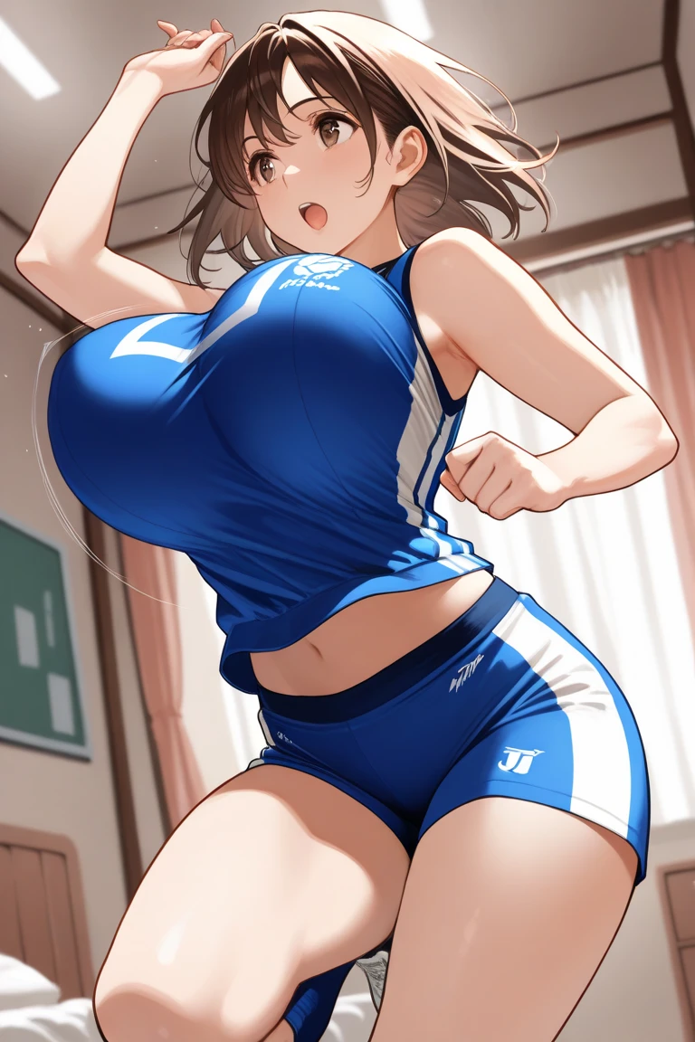 (Highly detailed CG Unity 8k wallpaper, highest quality, Super detailed, masterpiece), Very knowledgeable cute girl, 25 years old, logic, 腹logic, round eyes, viewer, blush, parted lips, full body shot , sportswear , Gym, armpit, short hair, armpit, skin shining with sweat, , big breast, narrow waist