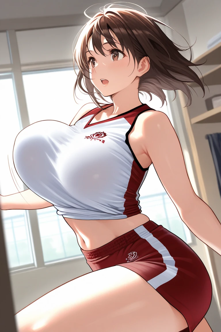 Fair skin, Black Hair,ponytail、Wet crotch,Sexy pose,Natural light、Covered in semen, ((18-year-old、Highest quality、gym、Leg spread、Complex、perspective, Very detailed, Detailed Background,, Big Breasts,Saggy breasts,Three-dimensional chest,Slender body,the body is slim,smile,Thin legs,sort out:1.5,スレンダーBig Breasts,Puffy nipples,スレンダーBig Breasts,Accentuate your breasts,(masterpiece:1.2, Highest quality), (Realistic, photoRealistic:1.4. View your viewers, 1 girl, Gymnast, Perfect Face, Cute and symmetrical face, Glowing Skin, Baby Face,
(Mid-length hair:1.5, サイドponytail:1.2,), Hair between the eyes, (Big Breasts), Nipple hardening,
Beautiful Hair, Beautiful Face, Beautiful attention to detail, Beautiful clavicle, Beautiful body, Beautiful breasts, Beautiful thighs, Beautiful feet, Beautiful fingers,
((Gymnastics uniform)),
(Beautiful views), (Gymnastics stadium), (one leg up Gymnastics pose), (素敵なsmile, Upward glance, Open your mouth),