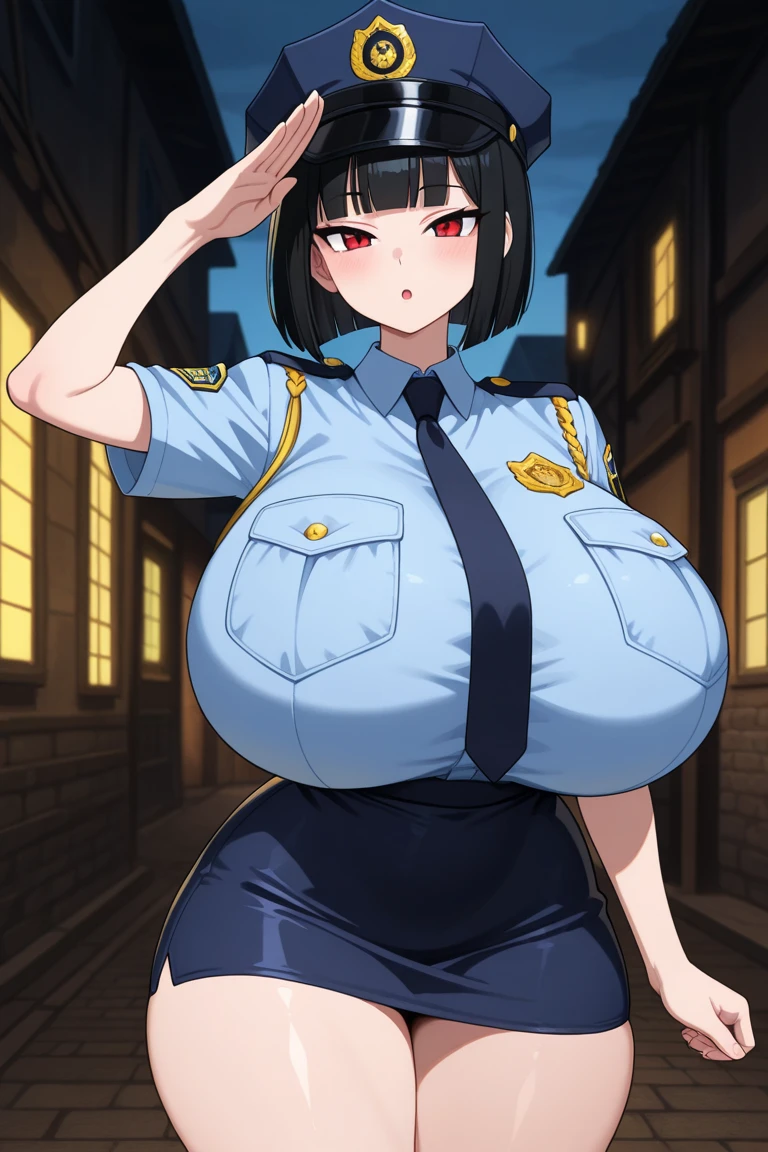 (Perfect body),Best Quality,16 K、()、blush、(((:o)))、embarrassed from,((Short hair)), ((bob cuts))、((blunt_Bangs))、(((Yellow eyes))),((Black hair)),(Sweat),Police Hat、((Navy blue leotard)),((Big ass))、(((((Big breasts)))))、(((thick thighs)))、((((spreading legs))))、Hands behind the head、((Armpits))、Office room