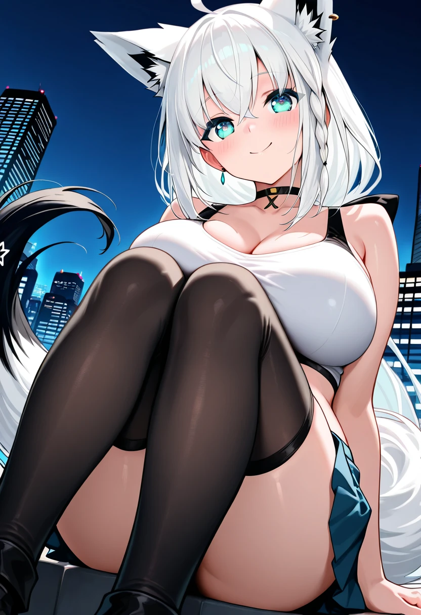 heavy rain，Gorgeous high heels，Under water，grabbing the breasts，Official fine art，tmasterpiece，Sharp focus，Nice high ponytail hairstyle，Delicate and beautiful eyes and face，realisticlying，ultra - detailed，a beauty girl，blue-sky，Glowing white particles,(side-lighting:1.2),scenecy,Long straight hair, sexy facial expression, buliding, (Cityscape:1.7), Dynamic hair, , Long black socks, paleskin, hair adornments, epic landscapes,deep in the night，Masterpiece, Best quality,Bare shoulders, white thighhighs, Hair ribbon, Large breasts,
