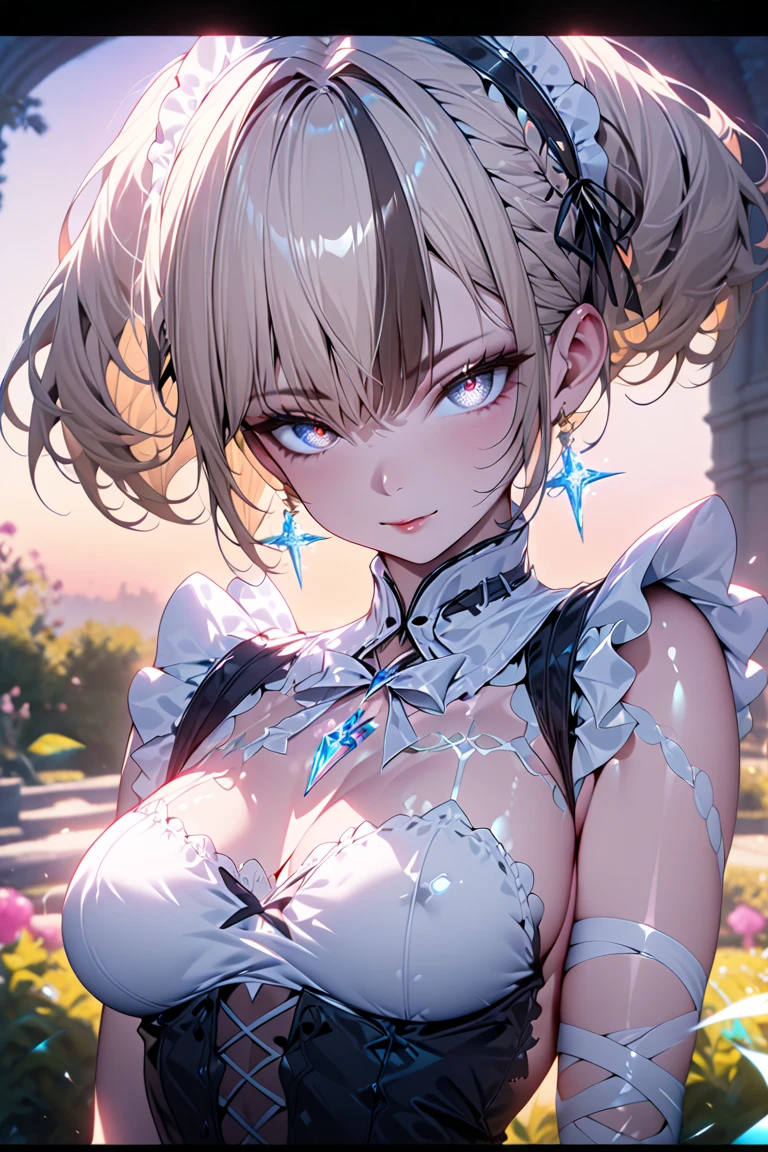Realistic, Hyper Detail, Girls Only, Layered Bob, Dynamic Lighting, ((Bold imaginative pose)), (Glossy skin: 1.5), Masterpiece, Top Quality, Absurdity, Watching Viewer, (Blonde and Pink Hair), deep Purple Clear Eyes,((Beautiful, detailed eyes, jewel-like eyes, colorful eyes, sparkling eyes:1.3)), Slender, High Resolution, Sharp Focus, Depth of Field, Detail Eyes, Sharp Eyes, (Realistic Eyes)), outdoors, sunrise sky, (attractive delicate design river trimmed lace dress, (intricately patterned silver armor wearing): 1.3))