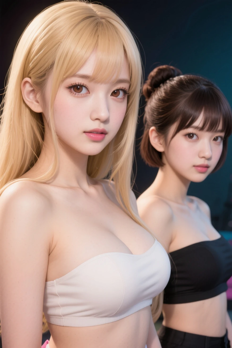 Two Girls, Cowboy Shot, smile, Cleavage, Photo Real, High resolution, Detailed Background, Beautiful skin in every detail, Detailed nose, Soft lighting, (Solo Shot:1.23), (Upper Body:1.1), Close-up shot, (focused on the chest:1.3), View your viewers,Silky blonde hair、Straight Long Hair、hair accessory、Beautifully trimmed thick bangs、 (((Nice hands, Perfect hands))), Clear Eyes,// Japanese women,Cleavage, Pale skin, Mega Breasts, 20-year-old, // Street Snap, ((In-person audience)), Street Tokyo, ((Are standing)),Very detailed,Very beautiful and perfect nipples、nude、(Big Breasts:1.5)Heavy chest、Black Stockings、High heels、Choker on neck、