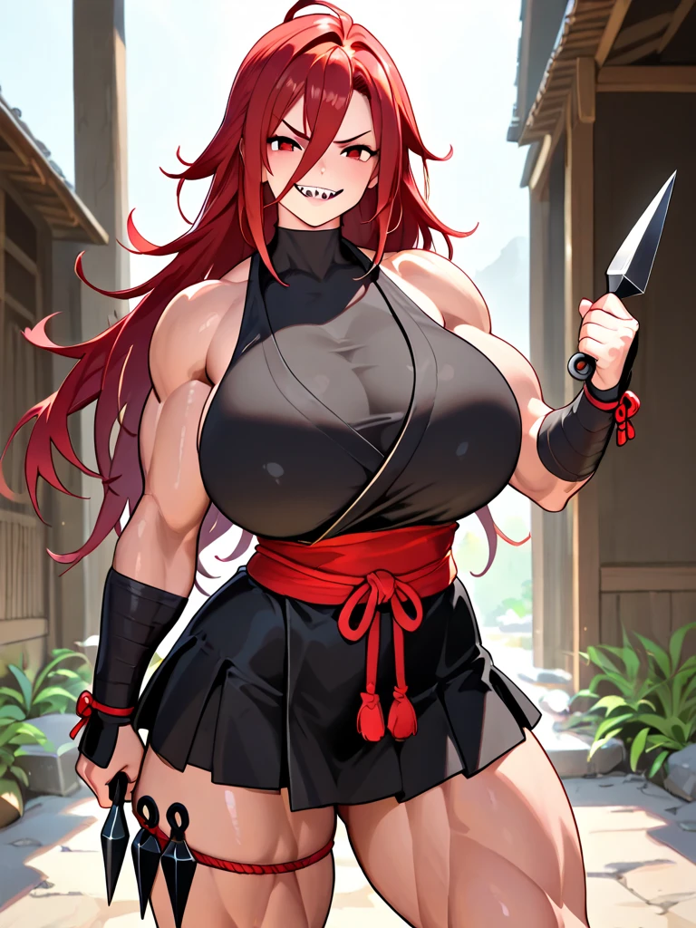 red hair, female, solo, smol, red eyes, massive breasts, oppai , very long hair, wear open cut black tight tank top and red leggings, holding a blood red sword, masterpiece, ultra high quality