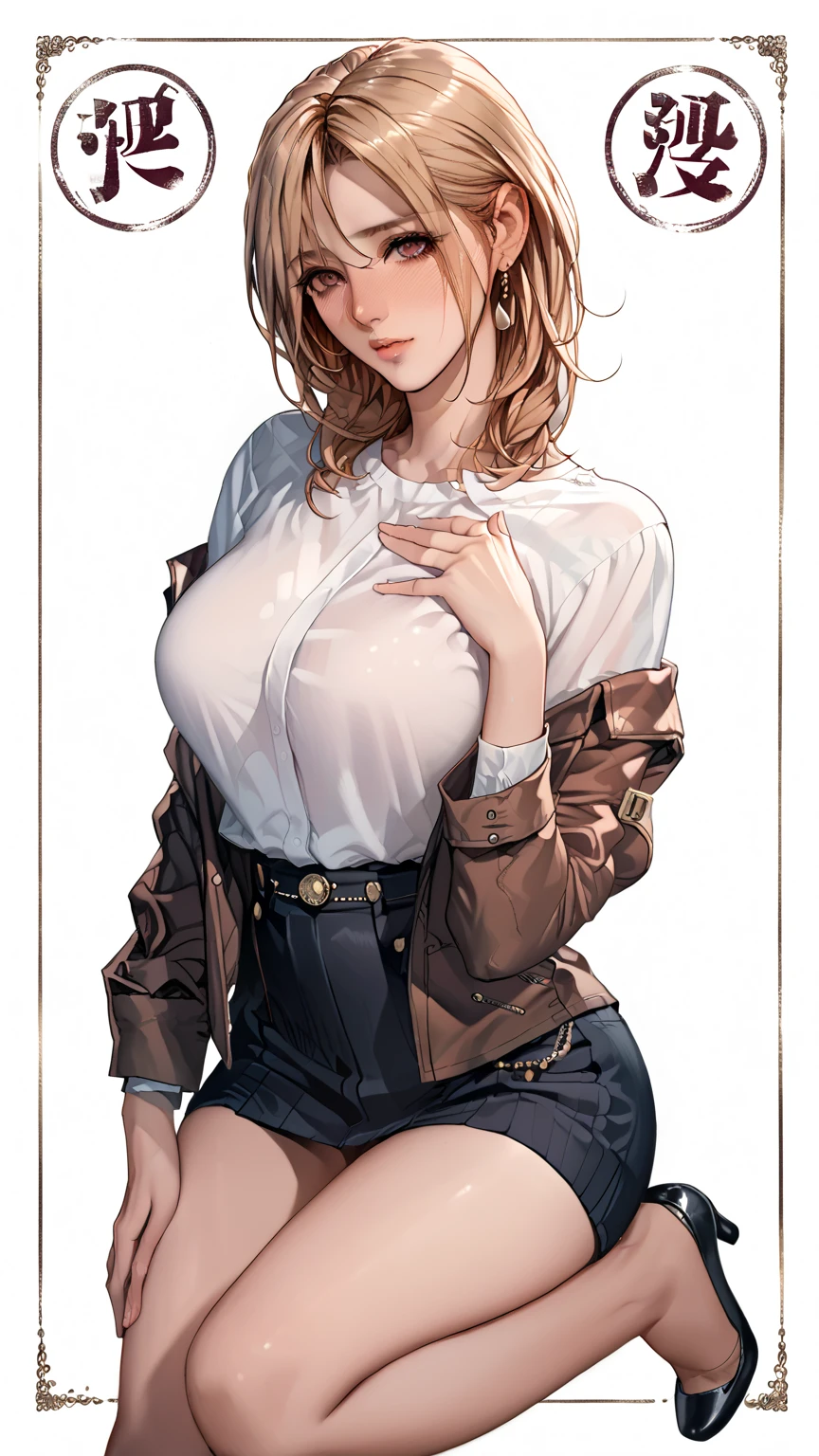 best quality, masterpiece,game cg, 8k, 1girl, solo,smooth skin,large breasts,blonde hair, green eyes,glowing eyes, floating hair,
open jacket,front-tie top, shirt, torn jeans, falling, wind,falling from sky,
blue sky, above clouds,