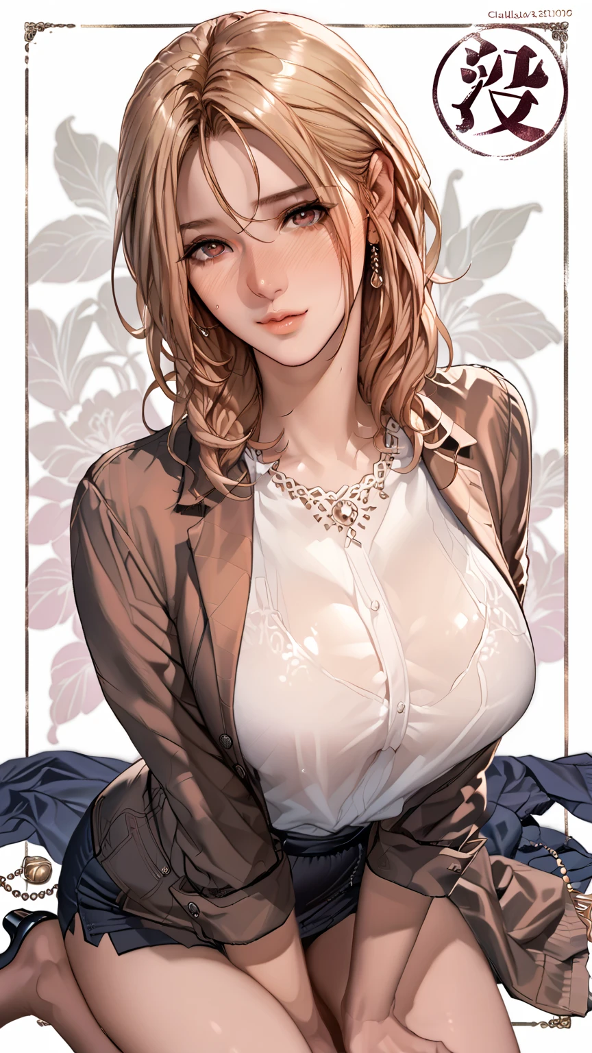 8k quality，Ultra HD，Stunning mature beauty,Intellectual elegance，((White doctor&#39;s robe)),Brown hair,(best quality,masterpiece:1.2),1lady solo, sitting, (looking at viewers), (white lab coat) stylish outfit, mature female, /(dark brown hair/) bangs, kind smile, (masterpiece best quality:1.2) delicate illustration ultra-detailed, large breasts, pantyhose, /(stethoscope around neck/) BREAK (hospital examination room) indoors, work desk, detailed background