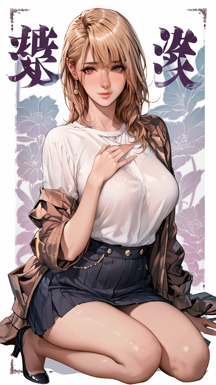 (((pink rose print bra))), Very detailed、highest quality、Best image quality、masterpiece、8k、Anime Face、A kind smile、Open Mouth、((black middle hair:1.5))、big ??????, ????、 beautiful body 、Cowboy Shot, ??????????????????, ((red eyes)), hotel bedroom, ((( Jeans))