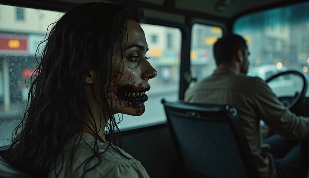(A chilling, post-apocalyptic scene on a desolate road. A young woman with blood splattered on her face, wearing a white shirt stained with blood, takes a selfie with a wide, unnerving smile. Her eyes are wide open, capturing an eerie and unsettling expression. In the background, a second person, a man, is seen kneeling on the ground near the open trunk of a car, his face also bloodied, appearing either injured or in distress. The road is barren with scattered debris and the overall atmosphere is haunting, creating a sense of horror and despair.