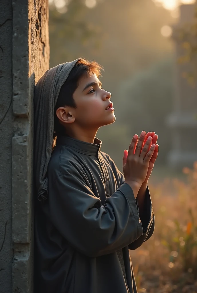 Peasant child praying to God from the front