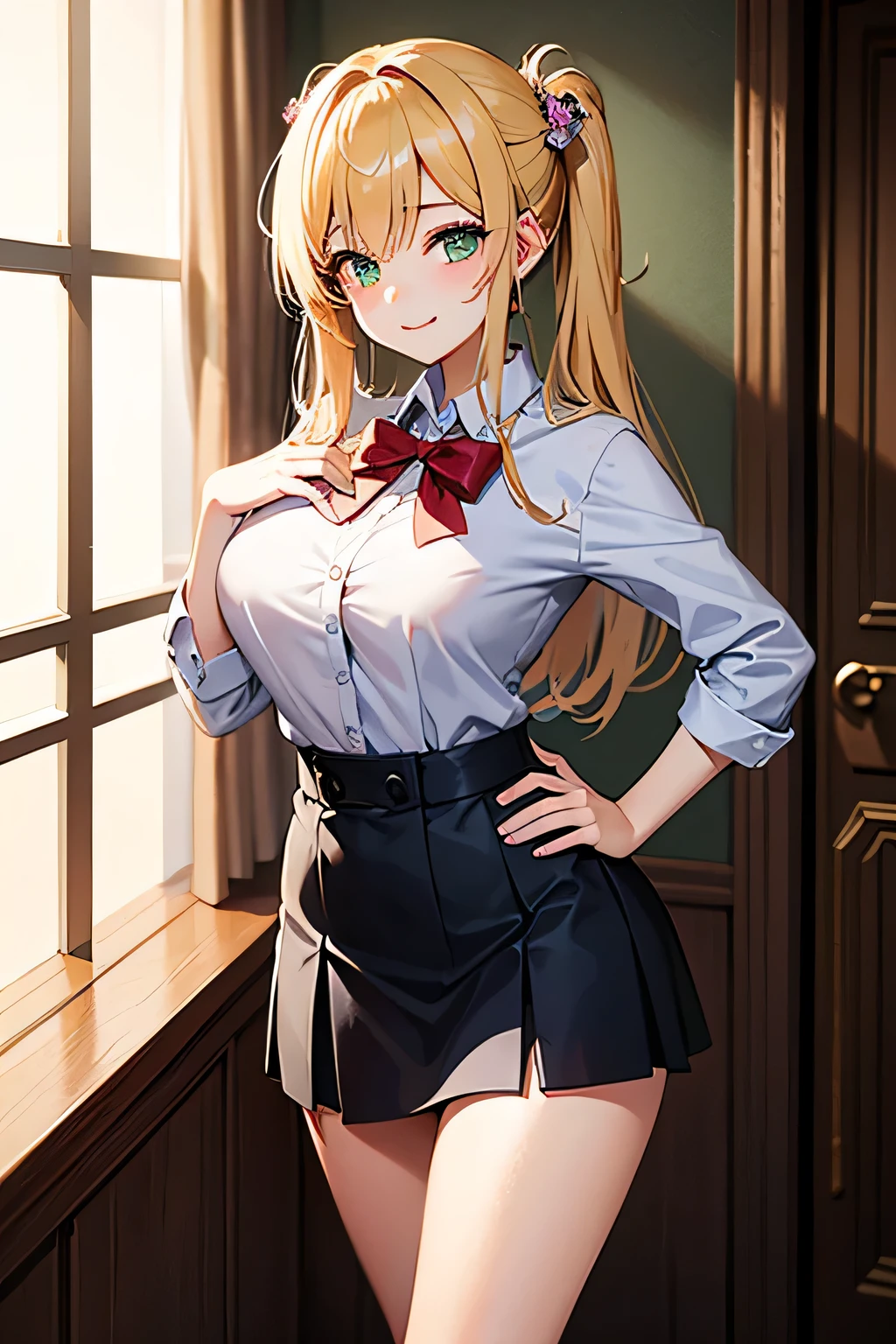 Master masterpiece, top-quality, High Definition, , Lucy Heartphilia, blonde  hair, length hair, large full breasts, Smile with open mouth, Solo、pinafore, doress, frilld, Maids, maid apronl, Maid headdress, Short dress, 独奏, black thighhighs, Shawl Uniform,、(Skirt lift:1.3), (pink panty:1.3)、(Skirt that rolls up:1.3)、(Fully exposed panties:1.5)