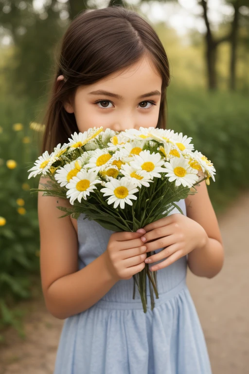 there is a holding a bunch of flowers in a field, picking flowers, holding daisy, picking up a flower, holding flowers, holding a flower, in a field with flowers, holding magic flowers, flowers on heir cheeks, with flowers, standing in a field with flowers, girl standing in flower field, girl in a flower field, girl in flowers