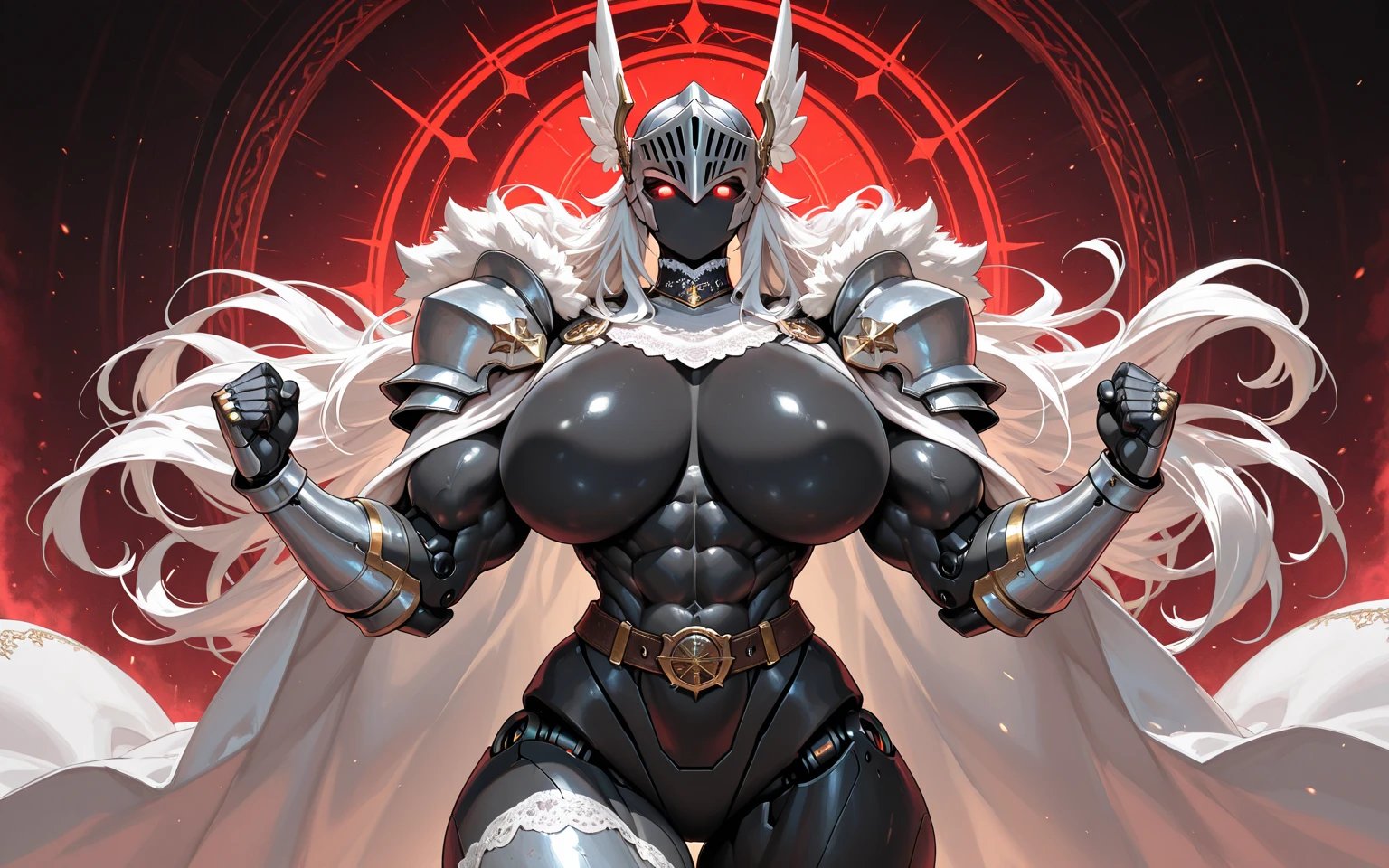 score_9, score_8_up, score_7_up, score_6_up, score_5_up, score_4_up, 1girl, gray skin, <lora:Savathun:0.95> solo, no humans, huge breasts, muscular female, monster, blue eyes, faceless, armor, shoulder armor, crown, cape, claws, looking at viewer, standing, upper body, blush, 
dark night background, outdoors, blurry background,
