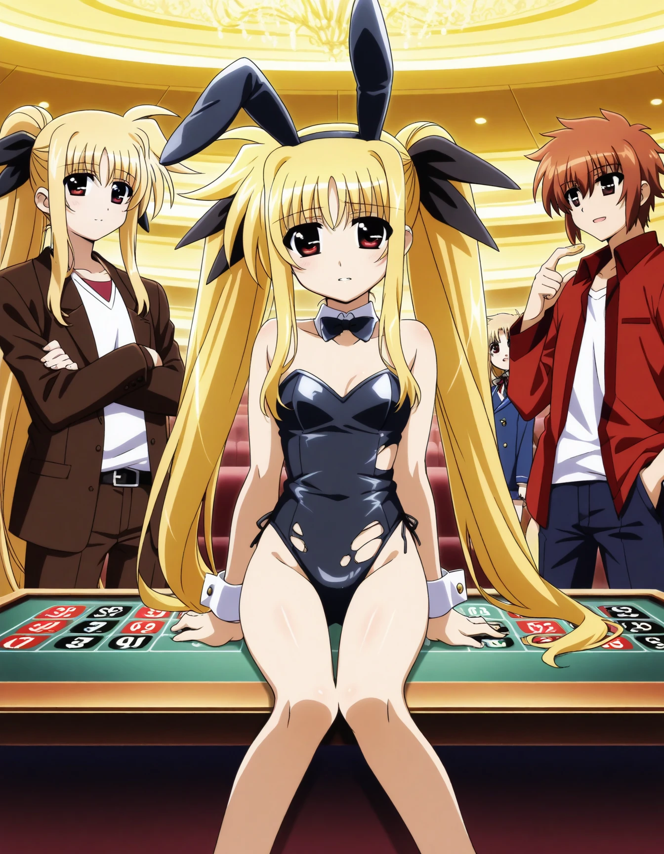 ((masterpiece、Highest quality、anime))、casino、Beautiful night view、(More than 3 naked girls、12 years old、smile、fun、Mr.々Hair style)、(((Full nudity、Pussy、The characters are unique)))、(Glowing Skin、A pair of rabbit ears:1.3、Ribbon Hairband、Fishnet tights、A bow tie、Bunny Girls 3 or more)、roulette、Slot Machines、Cocktail、Champagne bottle、((The characters are unique、Mr.々Hair style))、Laughter