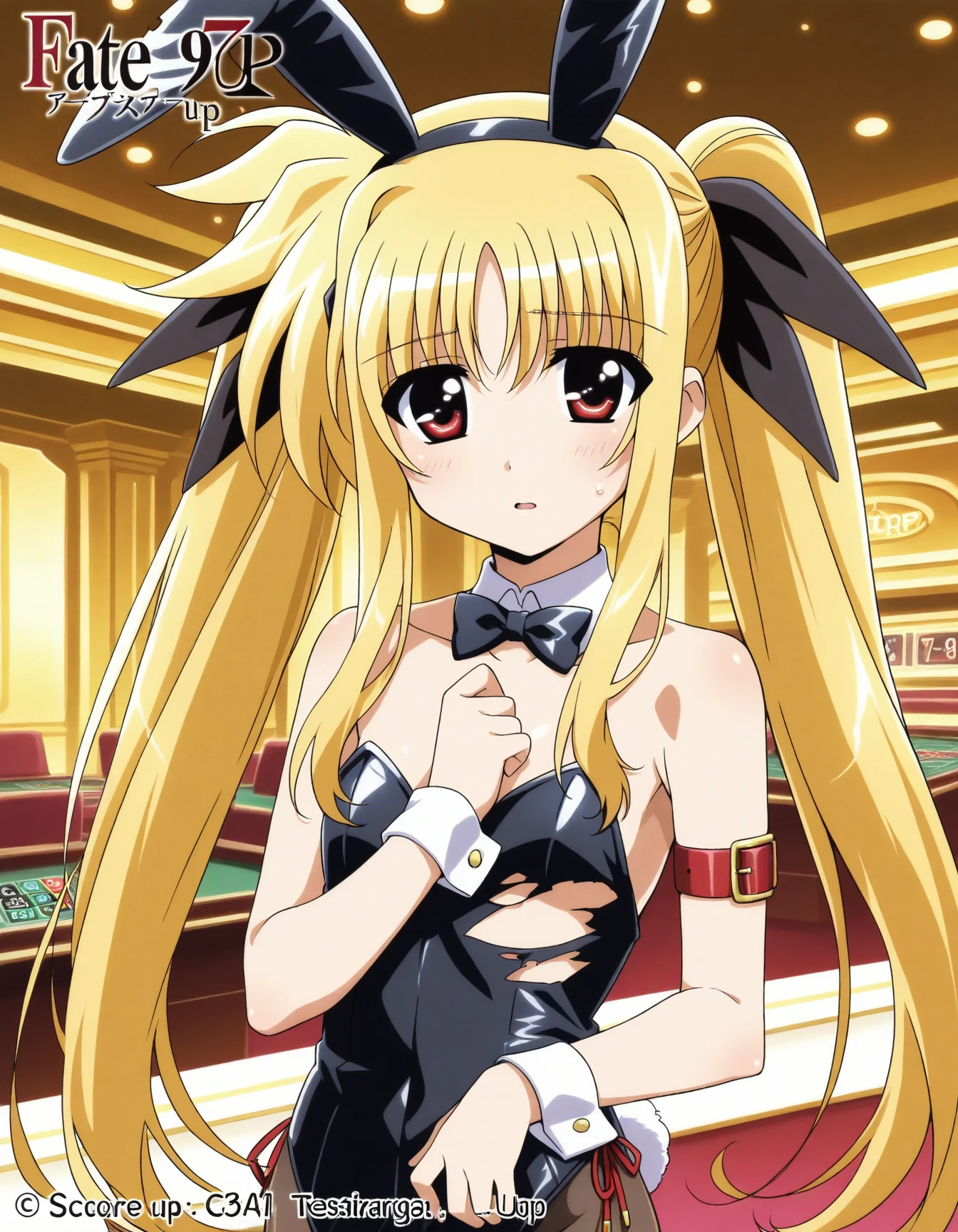 NSFW,masterpiece,Highest quality,High resolution,Very detailed,Golden Darkness\(To Love-Ru\),Blonde,Red eyes,long hair,Two Side Up,Small breasts,hair ornaments,(Playboy Bunny),Fishnet tights,(Ecstasy face),blush,Nightlife,casino,(Having sex),insert,Creampie,Trembling,Drooling,(Middle-aged men),Leg spread,Falling into Pleasure