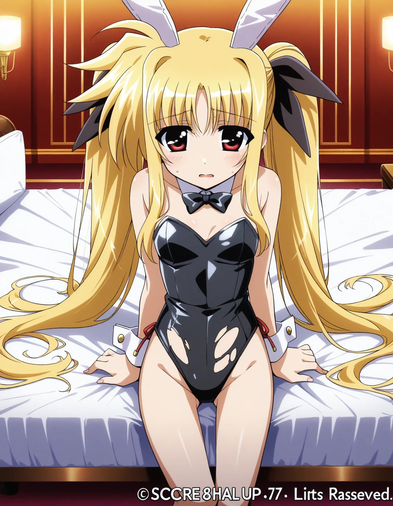 nsfw , Fate Testarossa , lyrical nanoha , (((highres official art))) , (((Anime Pinups))) , (((1girl))) , (((solo))) , (((blondehair))) , (((twintails))) , (((black ribbon))) , (((collar))) , (((bustier girdle corset))) , (((black lingerie))) , (((garter belt))) , (((Black High Heels))) , (((sit on bed))) , (((bedroom)))