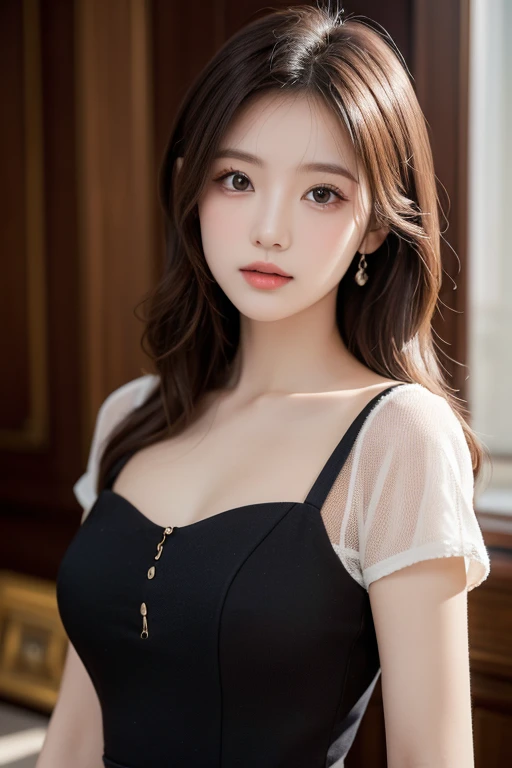 1 girl, national foundation, ((8k, raw, masterpiece: 1.5)), (Professional photography, sharp:1.2), Perfect dynamic composition, (Natural sun light), (soft shadow), (Perfect body:1.4), (((hourglass figure))), ((huge round breasts: 1.5)), (((((medium long hair,bangs))))), Ultra-detailed faces and skin, perfect asian, White skin, (Delicate skin:1.4), (latex skin:0.4), (perfect glowing skin:0.6), light brown eyes, beautiful eyes, round eyes, pretty face, blush, glossy lips, ((plump lips)), glossy eyes, Really moist skin, looking at camera, Elegant pearl necklace, Elegant earrings, minimalist, ((((brown shift dress))))