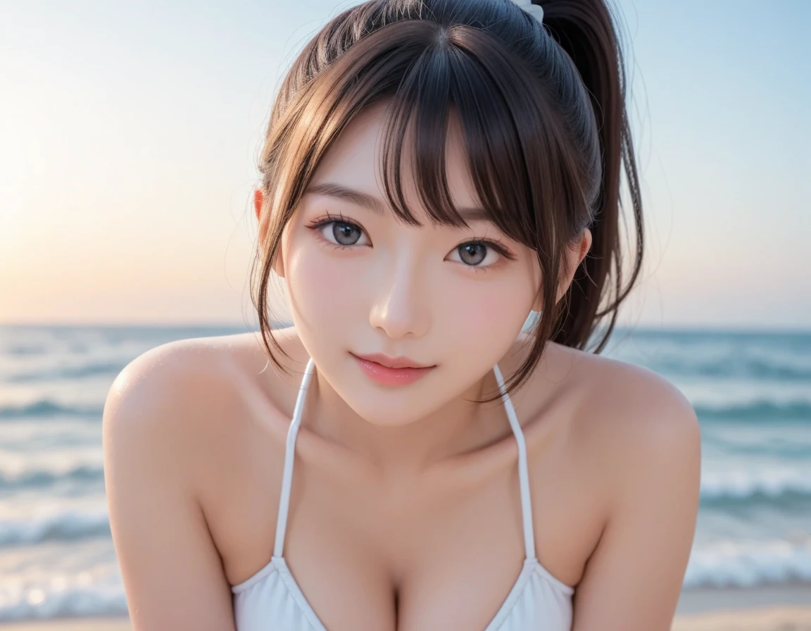 masutepiece, Best Quality, Illustration, Ultra-detailed, finely detail, hight resolution, 8K Wallpaper, Perfect dynamic composition, Beautiful detailed eyes, Swimsuit, Random cute hairstyles, medium breasts, Natural Color Lip,Beach, Random and cute poses,
