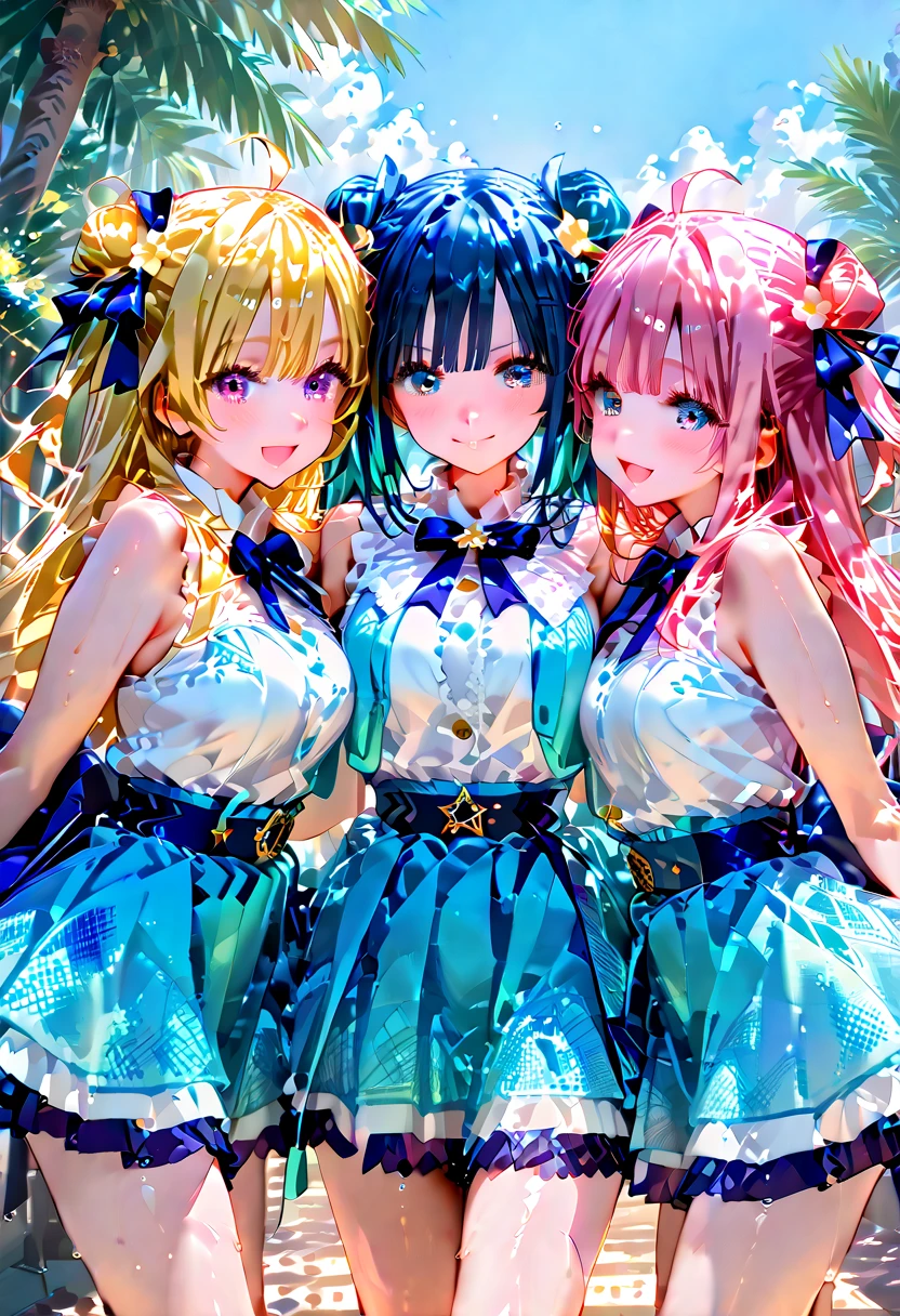 Idol meninas, cheeleader, Pose para foto, cores planas, estilo anime, estilo dos desenhos animados, big forhead, olhos grandes, roupas roxas e rosas, em um campo de futebol, luz solar, sorrir