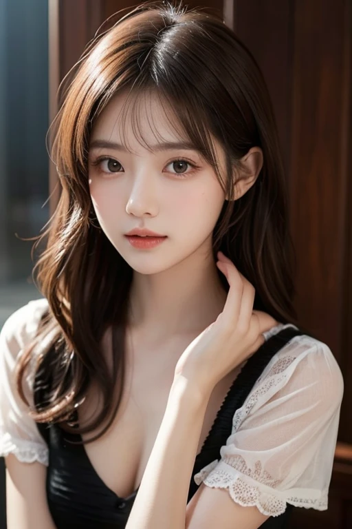 sheer spring dress, Hair Color, Sheer short skirt, Light tulle, (Close up on face)、Detailed and cute face、Smooth, soft and delicate skin、beautiful girl、Japanese、16 years old, (embarrassed:1.2) 、High resolution、8k、high quality, photorealistic, Beauty