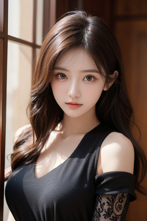 ​masterpiece、Top image quality:1.2、((beautiful young woman with))、Transparent skin:1.2、{A slight smil}、(kawaii)、Short sleeve knit、luxury hotel、depth of fields