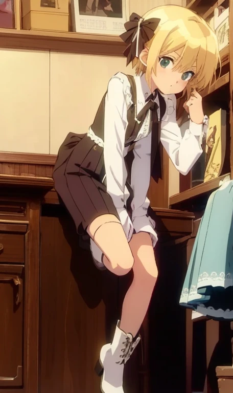 asked Degurechaff.。, uniform, 、Kindergarten children、、、、 of、one person、big breasts、squat with legs apart、blush、Cute patterned pants