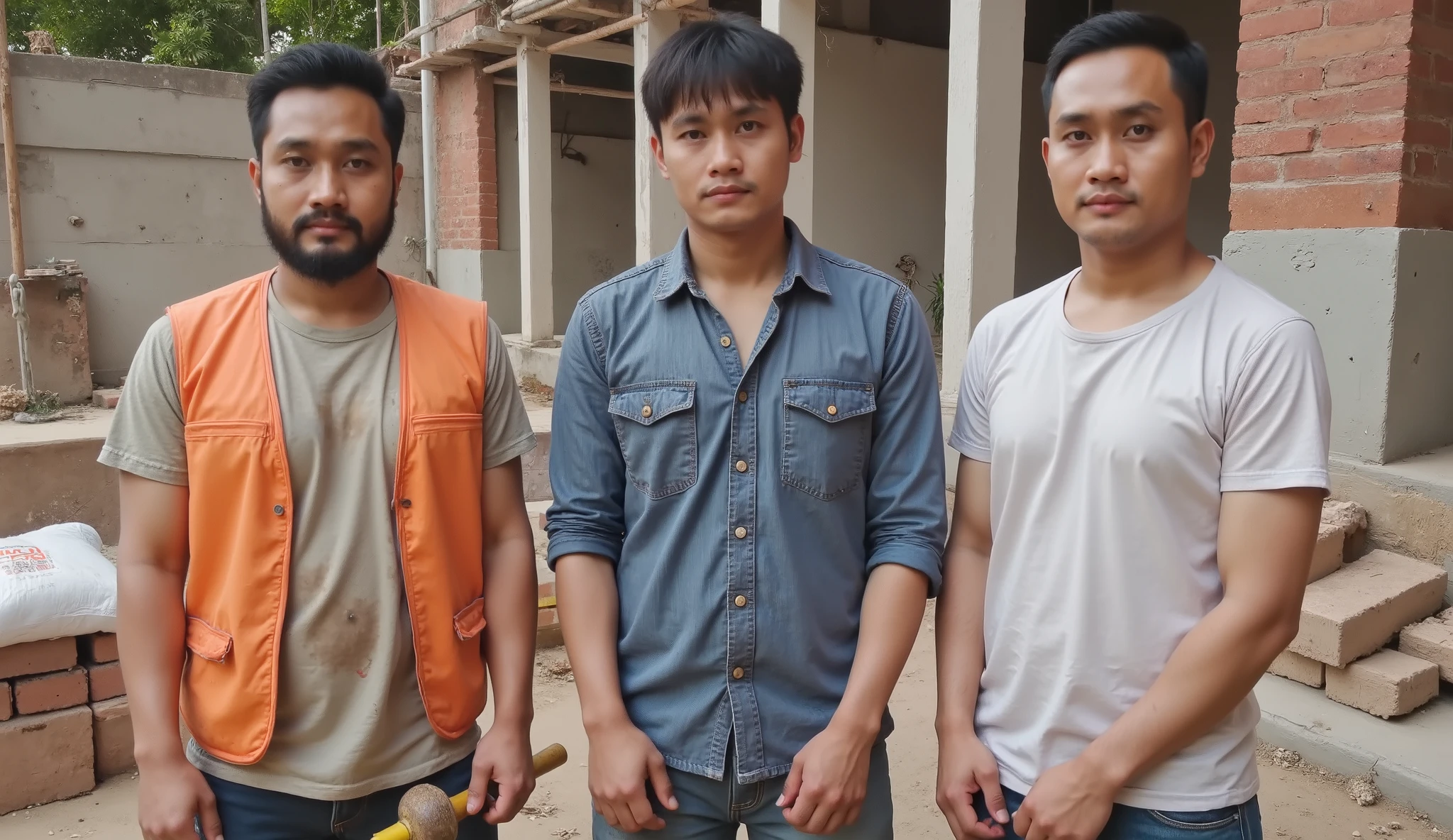hree young Indonesian male construction workers (0s–30s) at an active construction site. Each man has a distinctly different face and hairstyle — one with short curly hair, one with straight hair and a beard, and one clean-shaven with a buzz cut. Their clothes are all different styles and colors of worn, workwear: one wearing a dusty orange safety vest over a stained shirt, another in a faded blue long-sleeve work shirt with rolled-up sleeves, and the third in a torn white t-shirt. Their faces show signs of hard labor — dirt smudges, sweat, and rugged expressions. Each carries different construction tools like a hammer, crowbar, or measuring tape. The background shows scaffolding, piles of bricks, cement bags, and wooden planks under natural daylight with some shadow from unfinished structures.