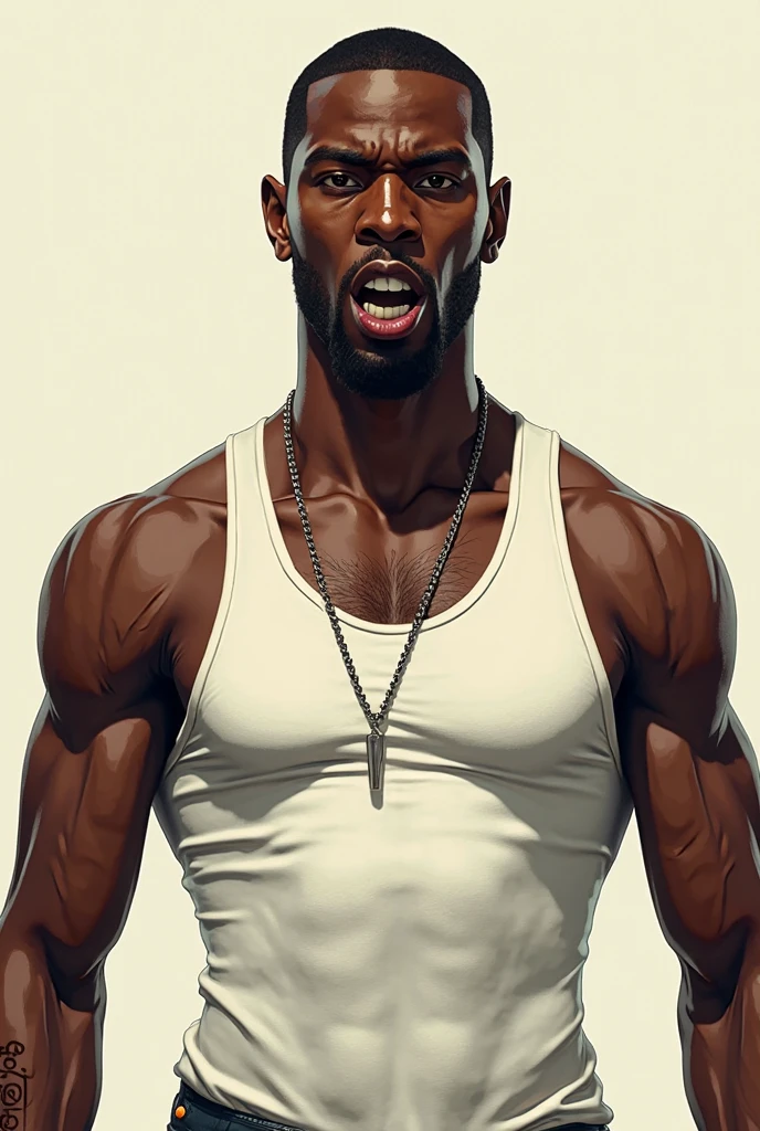 Draw a black man with white hair naked with his penis visible in public