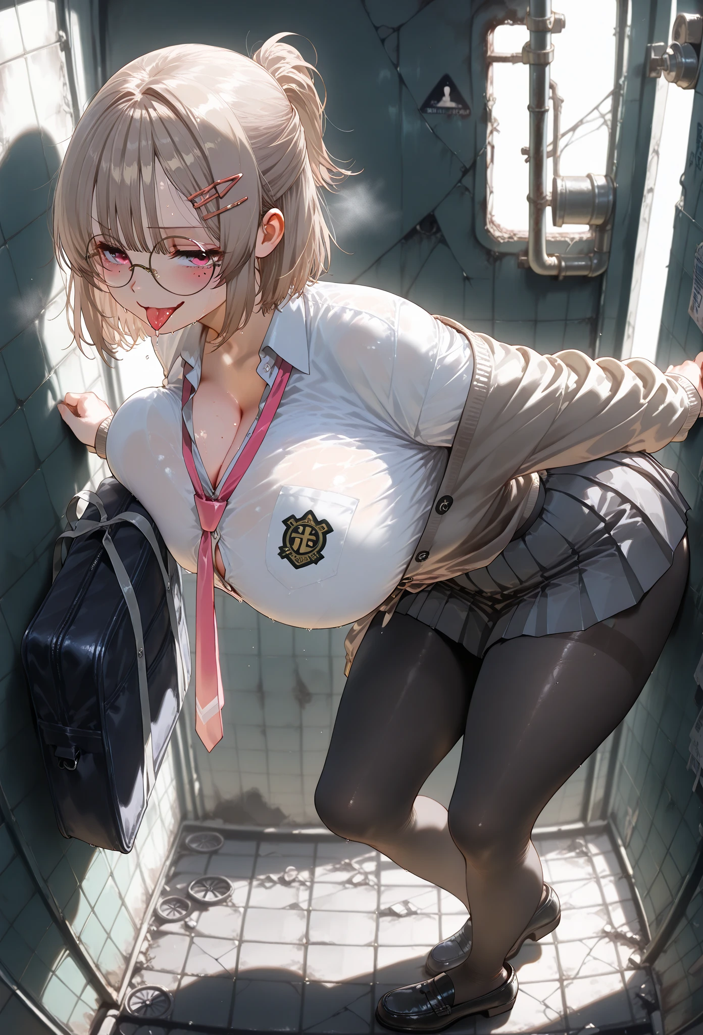 ((panties under pantyhose)),((Beautiful feet)),(((Black Stockings))),((Lace panties)),((school uniform)),((loafers)),(((Pleated mini skirt))), ((White blouse)),((Correct Anatomy)),((Standing on the stairs)),((shoot from below)),Ultra-high resolution, Mature Woman, Mature Woman, Very detailed, ((Big Tits)), Perfect hands, Detailed fingers, Beautiful details,((Long blonde hair)),((Twin tails)),Black choker, Earrings,Perfect Eyes, Seductive eyes,School stairs