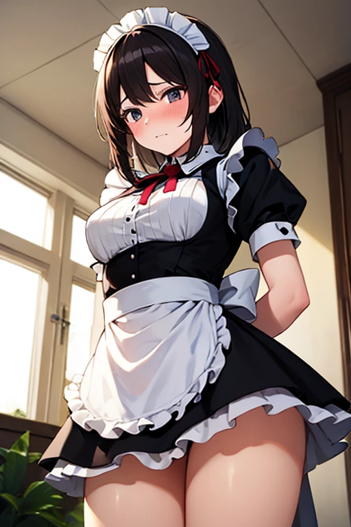 1girl, twintails, shaded face, maid, mad, skirt lift, panties, self lift, from below, grimace