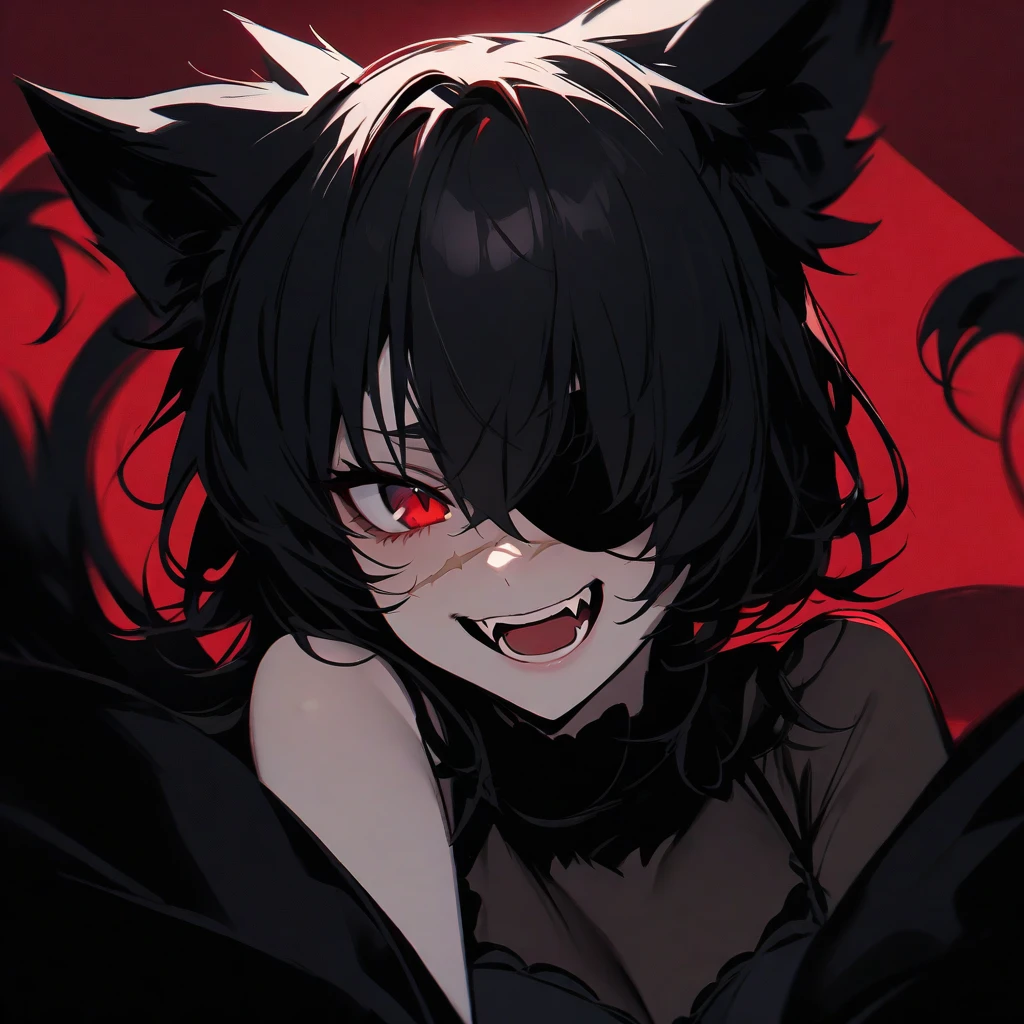 solo, female, huge woman, heavy black mascara, long silky black hair, red eyes, black wolf ears, huge breasts, collar, leash, elegant, kimono, leash, furry claws, close up, forest, bound, tied up, dark, yandere smile, cleavage:0.3,