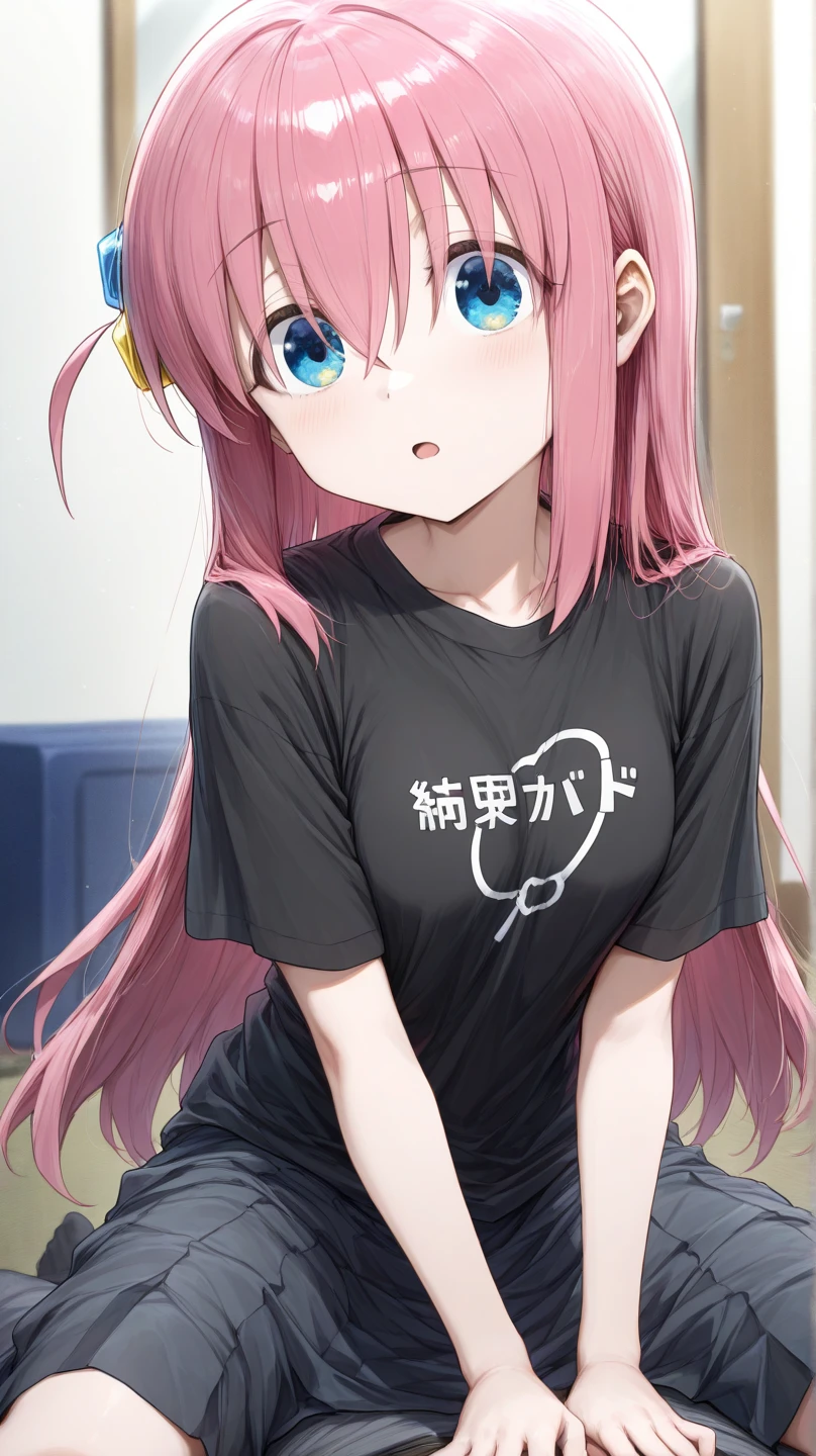 1girl,long hair,blue hair,purple eyes,twintails,vibrator in thights,black tights,tight t-shirt,collar,leash,embarrasment,looking away,blush,at the school empty corridor