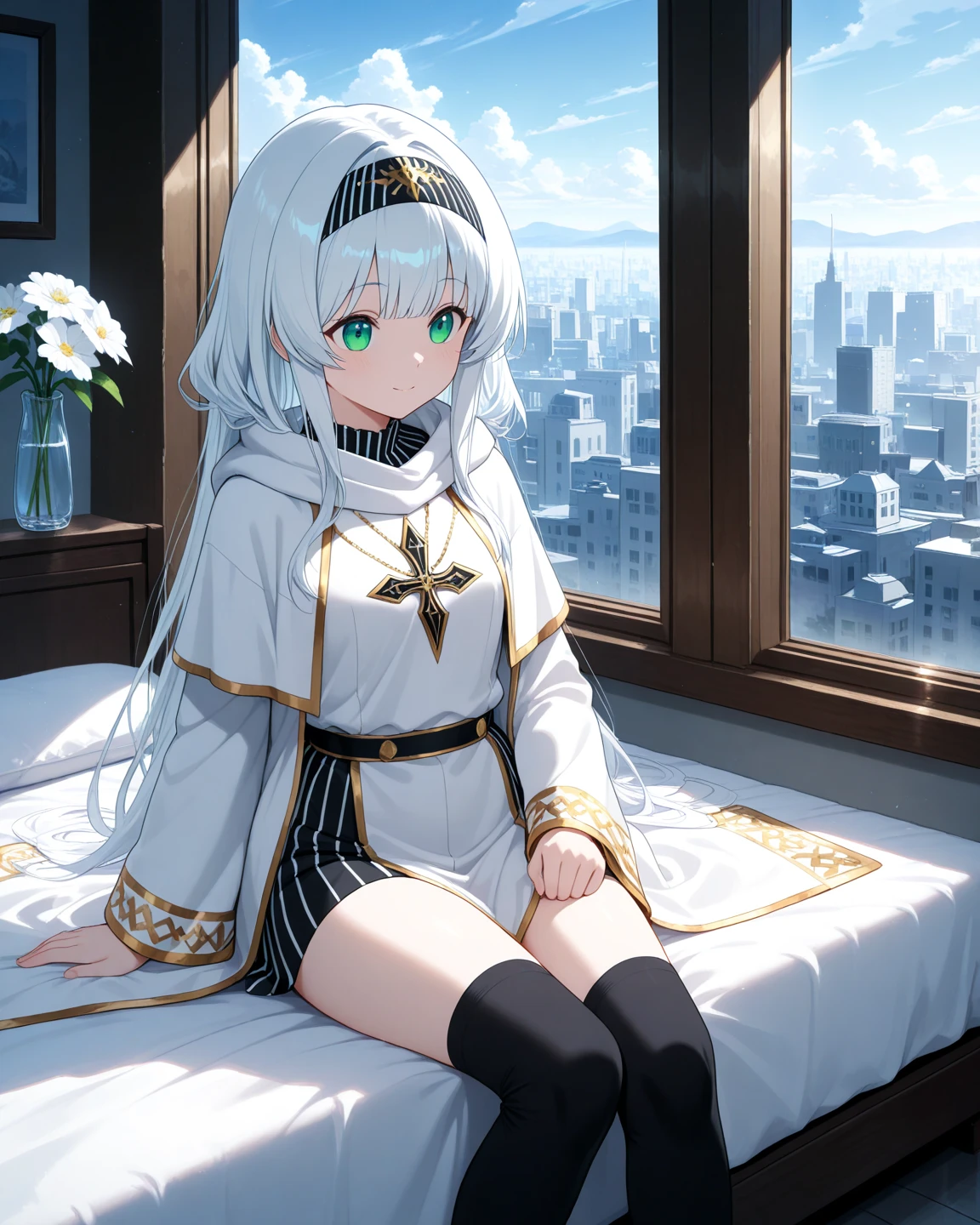 index, index, (green eyes:1.5), silver hair, long hair, (flat chest:1.2),happy smile, smile, open your mouth,
break habit, long sleeve, nun, Cat ear,cattail white robe, wide sleeve,brown short boots,Sitting on the bed,
break looking at viewer, Upper body, whole body,
break indoors, Bedroom,
break (masterpiece:1.2), highest quality, High resolution, unity 8k wallpaper, (figure:0.8), (detailed and beautiful eyes:1.6), highly detailed face, perfect lighting, Very detailed CG, (perfect hands, perfect anatomy),