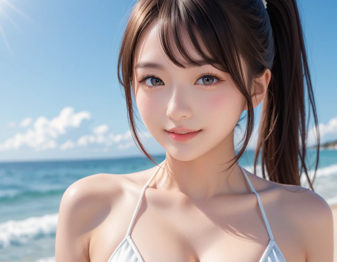 One Girl，(1人のとてもcute女の子:1.3)，masterpiece，Highest quality，High resolution，Photorealistic，RAW Photos，Ray Tracing，beautiful girl，(:1.3)，cute，Big eyes，(detailed pupils:1.2)，(The face is facing straight ahead:1.3)，Body facing forward，Beautiful nose，Fuller lips，Short black hair，ponytail，short hair，Detailed eyelashes，Thin eyebrows，Very fine grain definition，(Symmetrical eyes:1.3)，(Face close-up，Face Focus:1.0)，Small breasts，Short neck，White swimsuit，White Bikini，The background is the sea，Southern Island，Blue sky，White cloud，Portrait，View Viewer，Upper Body，Cinema Lighting，High resolution，Very detailed