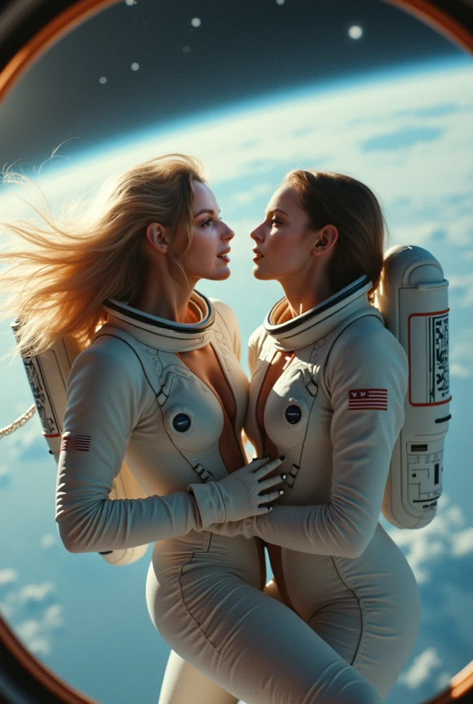 Two beautiful female Space Travelers, naked on their ship one with auburn long wavy hair, and lite brown skin, taller than the other woman. The other woman with a blue bob hairstyle, with pale white skin, with beauty marks, holding and caressing each other, Looking at the stars, ultra photorealistic, intricate details, Dynamic lighting.