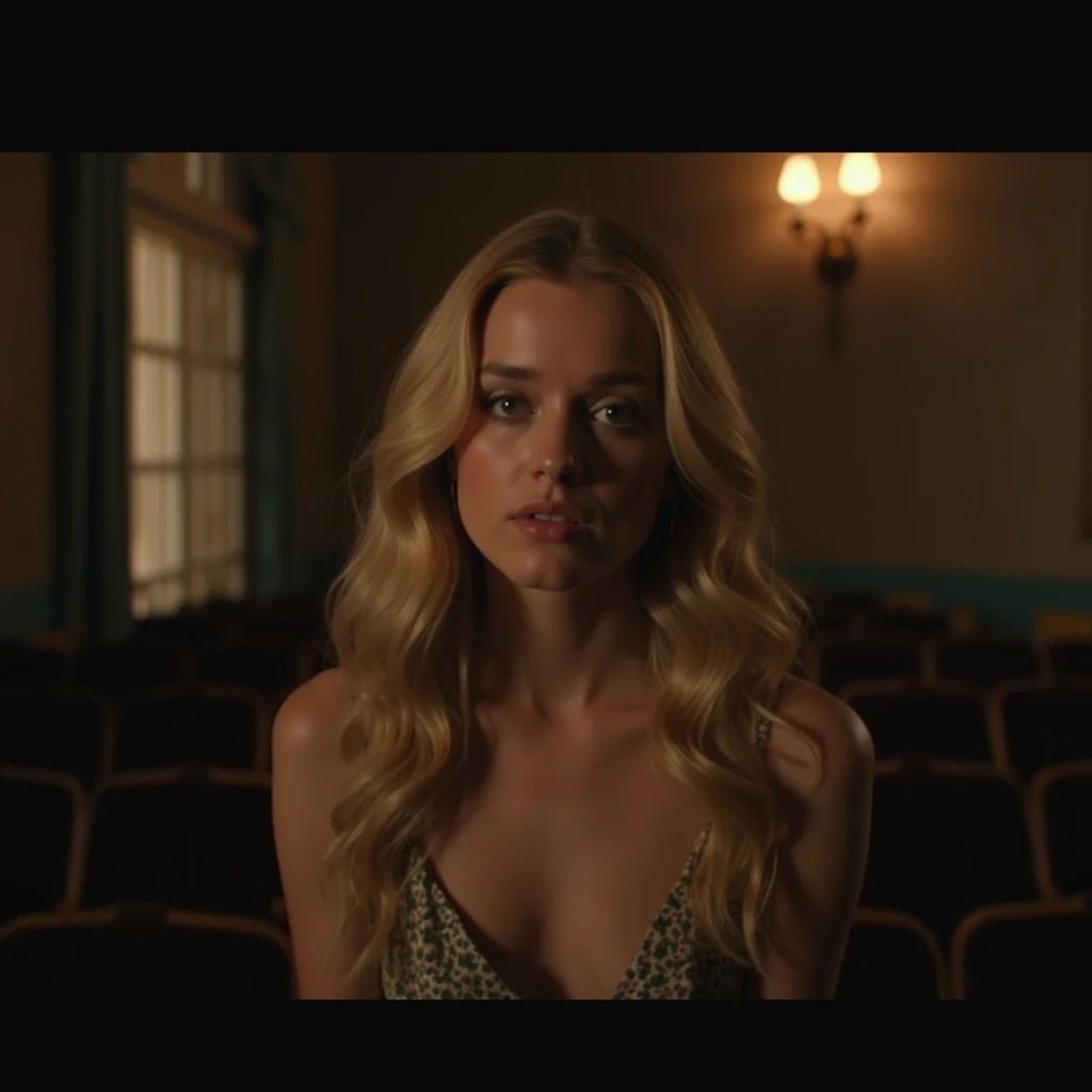blonder woman,23 year old sensual,with an attractive neckline,is sitting on a chair in a chair in a room. While there is a 19 year old boy walking past in the background with dark hair.