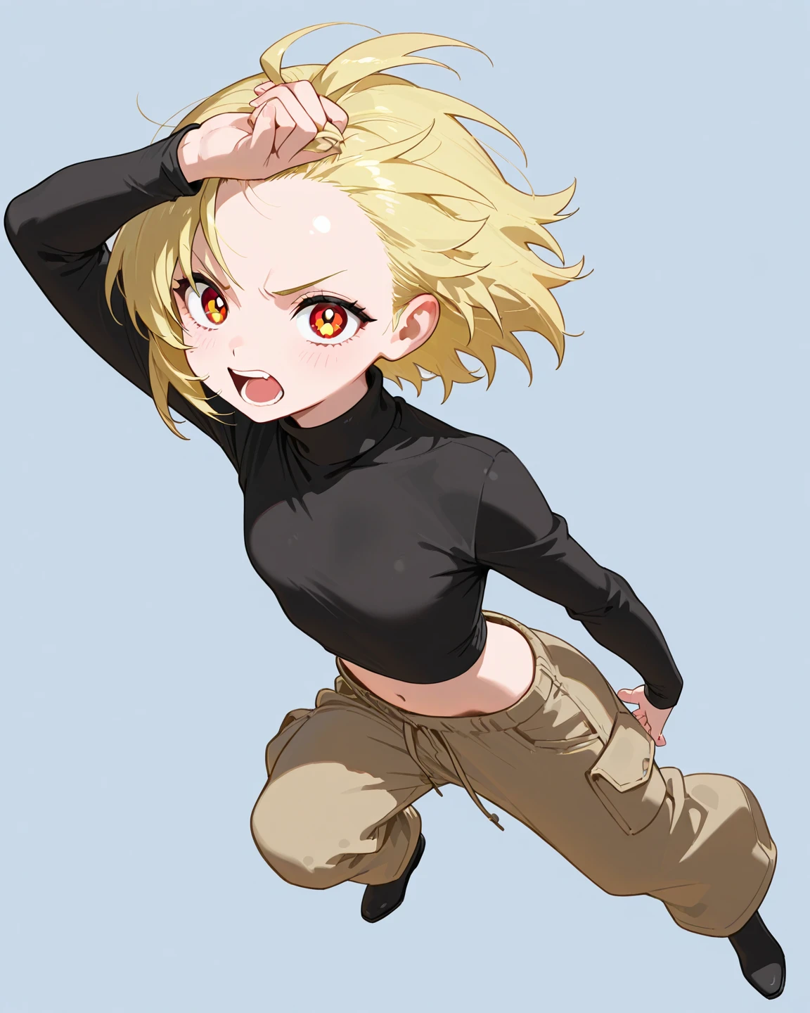 Furious Female  lifting the hands in clinch posture, brown hair, yellow glowing eyes, yellow eyes, short hair wearing fingerless gloves, punching the camera, makeup, mascara, Lips are subdued or  colors, sleeveless t shirt, black shorts 🩳,Minimalism, monotone, simple color palettes, Clean, sharp designs, 