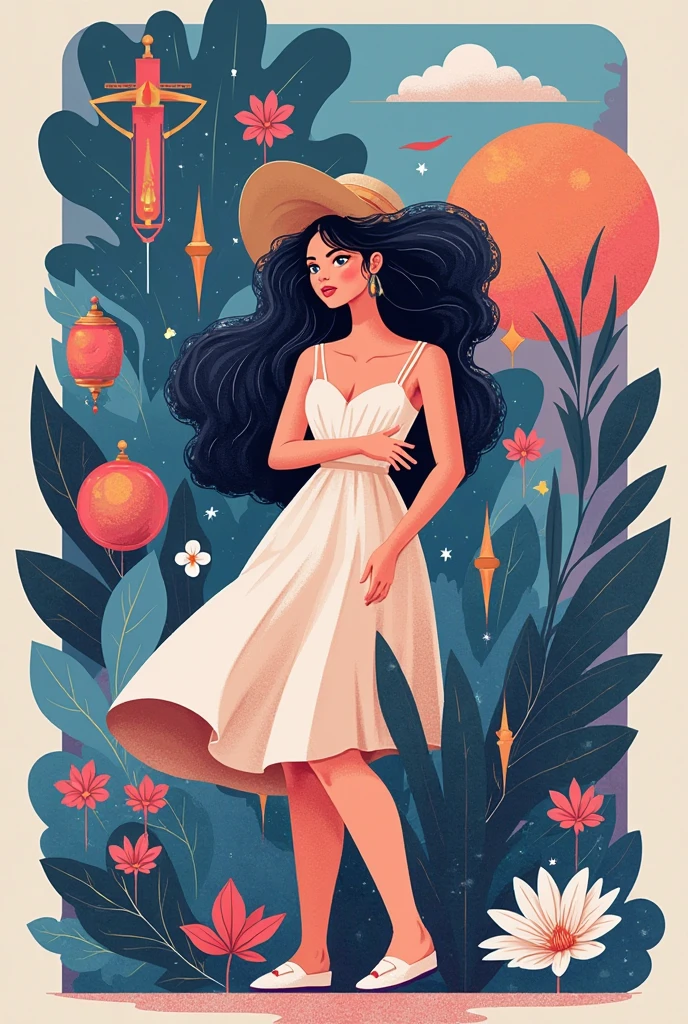 Minimalist illustration of a woman with brown hair and a dress with stars and moons holding a perfume bottle in front of a colorful tropical background