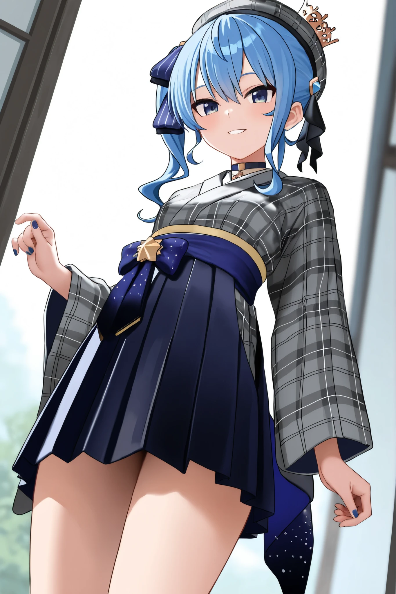 (Ceiling from below;2),(looking down;1.2) ,((white lace panties,lift skirt,upskirt) ),(Exceptional, Best aesthetics, new, newest, highest quality, masterpiece, Very detailed),Ruthie, One girl, alone, ribbon, hair ribbon, short hair, metal collar, Red eyes, Blue Hair, Ahoge, Multicolored Hair, Memes, Bracelet, Gradient Hair, collar, jewelry, bangs, Parody, armor, Expressionless, Exposing shoulders, Mouth closed, Hair between the eyes