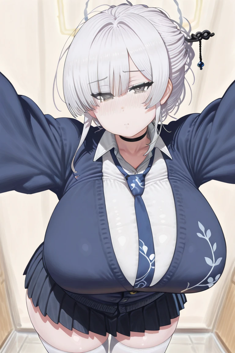 (((masterpiece))), ShizukaMikazuki, One Girl, alone, View audience, Long Hair, Gray Hair, Long sleeve, Cleavage, Large Breasts, Mature Body,clavicle,, blue eyes, High Ponytail, The look of temptation,Embarrassed face, Japanese high , , Blouse with collar,Navy blue mini skirt, Navy blue head ribbon, Surprised and delighted,Nature at dusk