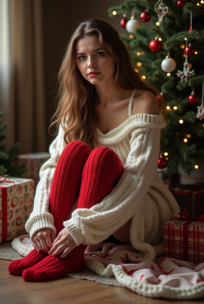 16k, masterpiece, photorealistic,a cute english girl , delicate light brown eyes , rose gold shag hair ,buff skin, soft skin texture, skin grain, wool knitted santa bikini , angora knitted long socks ,cozy living room in a wood forest lodge, nightime, colorful, bright colors