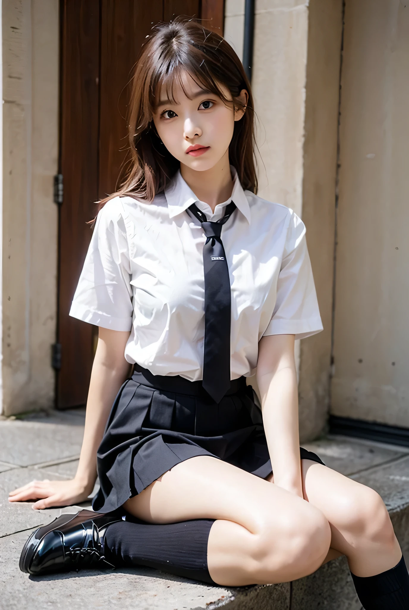 in 8K,top-quality,Real Image,intricate detailes,super A high resolution,Depth Field,masuter piece,natural soft light,profetional lighting,one girl in,cool beauty,an extremely beautiful 18-year-old girl,A detailed eye,((Brown-eyed)),(Black hair),(short-haired),(bangss),flawless skin,shinny skin,fair white skin,Fine skin,large full breasts,((perfect anatomia,nice hand,perfect hand,Five fingers connected to the palm of the hand,accurate hands without incongruity)),Perfect raw legs,delicate legs,perfectly proportions,A sexy,Chest visible,((Japan uniform)),((School Uniforms mini Skirt)),(neck tie),Black socks,Chano Leather Shoes,Squatting deep in the city,The crotch is visible,Show me your panties around town,both legs are bent,The legs are spread in an M shape,,I can see panties,Delicate thighs visible from the front