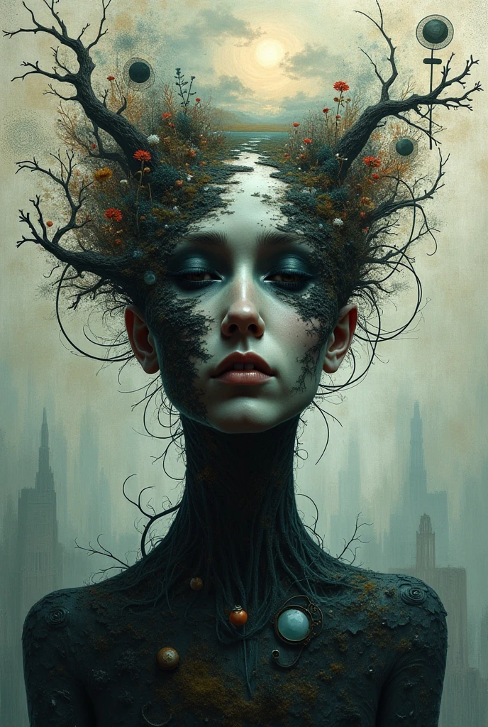 An abstract image of a world inside a man&#39;s head in chaos depicted in dead colors